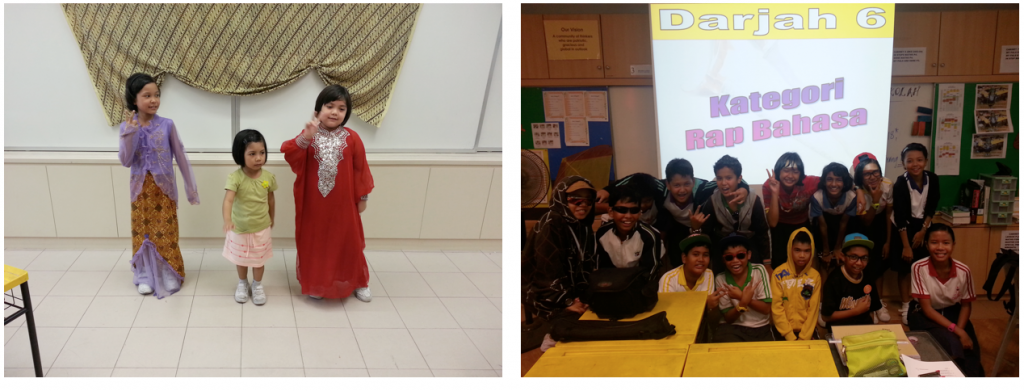 Three children in traditional outfits on the left; a group of students posing under a "Darjah 6 Kategori Rap Bahasa" projected slide.